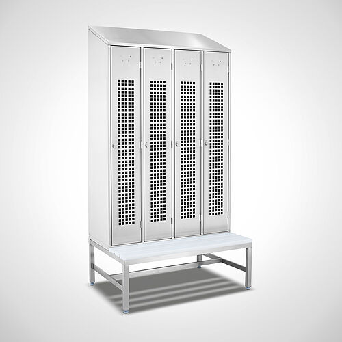 Locker made of stainless steel with bench Type GS1-SB-VA-EU 4/3 (4 compartments - 300 mm compartment width), art. no. 45.10.00.16 