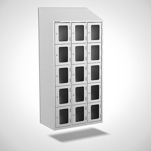 Wall-mounted stainless steel compartment locker with acrylic glass doors, type FSA5-WH-VA-EU, 3 compartments with 300 mm compartment width, item no. 46.10.05.44 