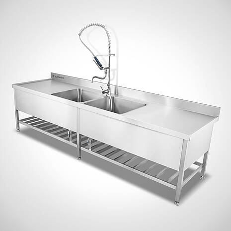 Double stainless steel sink with storage rack and eccentric drain valve, 2 basins type SPT-2B-MA with smooth draining board | Mohn GmbH