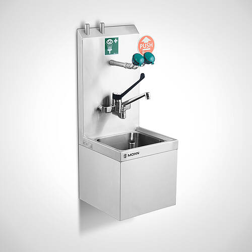 Wandhängender Teilewaschplatz Typ TW-K-W 40/40 SON mit optionalem Einhebelmischer und Augendusche, 25-60703-4.1 