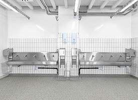 Edelstahl-Handwaschrinne mit Dryrack, Papierkorb Typ PK-D 100 und Rollenbox, ID 20-63020