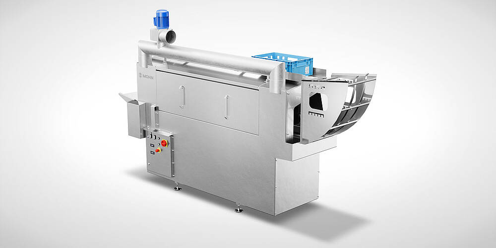 Kistenwaschmaschine (Behälterwaschanlage) Typ DLWA 250-Basic mit optionalem Kistenwender zur Ein-Personen-Bedienung und opt. Wrasenabsaugung inkl. Verrohrung, Art.-Nr. 11.10.03.10 + 11.10.03.16 + 11.10.00.81 