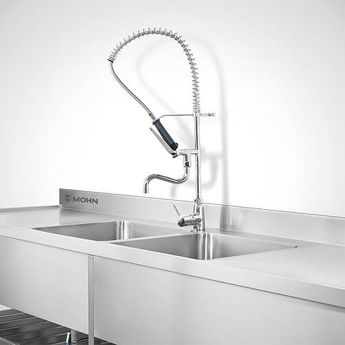Stainless steel double sink unit type SPT-2B-MA-R-SON-297-80, with eccentric drain valve and strainer basket as well as dishwashing spray, ID no. 25-61951 