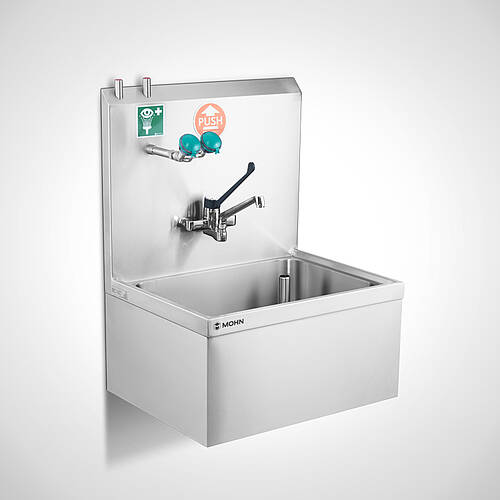 Wandhängender Teilewaschplatz Typ TW-K-W 75/59 SON mit optionalem Einhebelmischer und Augendusche, 25-60703-1.1 