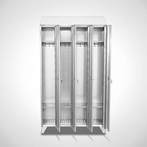 Spind/Garderobenschrank aus Edelstahl Typ GS-AF-VA-4-3 mit 4 Abteilen in 300er Abteilbreite, Id.-Nr. 25-63106 