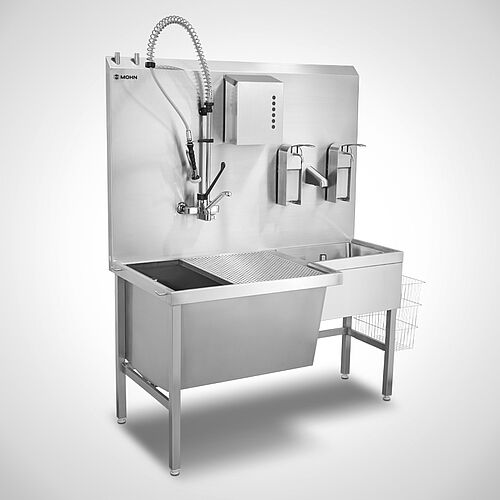 Teilewaschplatz Typ TW-G/S 150-70 SON mit Sensor-Handwaschbecken rechtsseitig sowie optionalen Armaturen und Spendern, Art-Nr. 12.00.00.65 