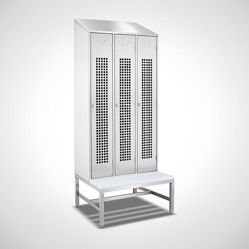 Locker made of stainless steel with bench Type GS1-SB-VA-EU 3/3 (3 compartments - 300 mm compartment width), art. no. 45.10.00.14 