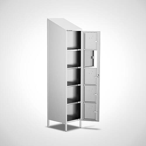 Abschließbarer Brotzeitschrank (Vesperschrank) aus Edelstahl Typ BZS 1/5 (1 Abteil mit 5 Fächern), Art.-Nr. 29.00.00.92 