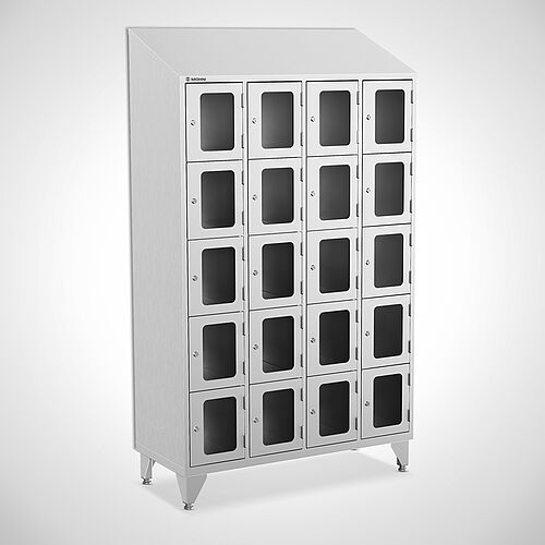 Stainless steel compartment locker with acrylic glass doors, type FSA5-AF-VA-EU, 4 compartments with 300 mm compartment width, item no. 46.10.05.56 
