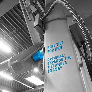 Roller tilt system for tilt angle adjustment to 135°