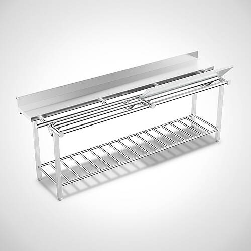 Ergonomischer Stufenarbeitstisch Highline aus Edelstahl mit weißer HDPE-Platte Typ SAH-R 240-70 HL, Art.-Nr. 30.00.06.61 