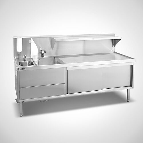 Stainless steel sink unit combination with 2 sinks and splashback & sensor tap and single-lever mixer tap with shower, ID no. 23-63360 