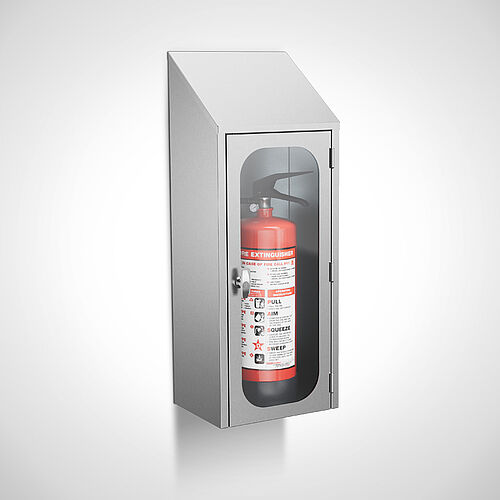 Stainless steel fire extinguisher cabinet type FLS-W EL, Art. no. 44.20.09.05 with 6 kg fire extinguisher