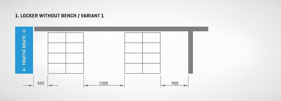 German workplace guideline (ASR 34/1-5) - Dimensioning and division of changing rooms for clothes cabinet without a bench - Variant 1 | Mohn GmbH