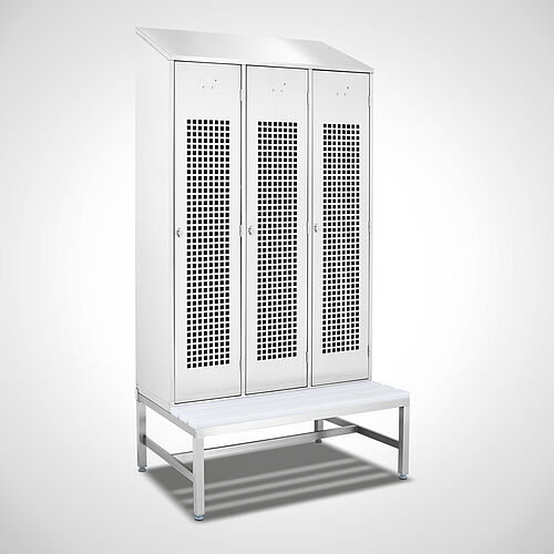 Locker made of stainless steel with bench Type GS1-SB-VA-EU 3/4 (3 compartments - 400 mm compartment width), art. no. 45.10.00.15 