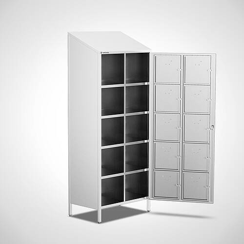 Abschließbarer Brotzeitschrank (Vesperschrank) aus Edelstahl Typ BZS 2/5 (2 Abteile mit 10 Fächern), Art.-Nr. 29.00.00.93 