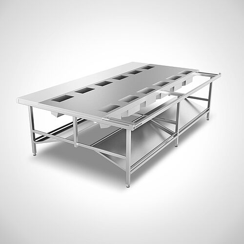Zerlege- und Sortiertisch Typ ZST-2-300-180, Art.-Nr. 20.00.23.05 mit herausnehmbarer HDPE-500 Schneidplatte 