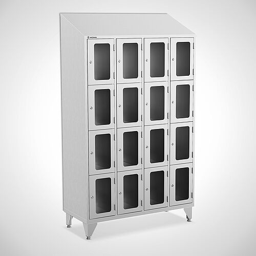 Stainless steel compartment locker with acrylic glass doors, type FSA4-AF-VA-EU, 4 compartments with 300 mm compartment width, item no. 46.10.05.36