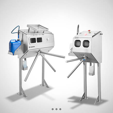 Hand sanitizer dispenser with vandal-proof turnstile or 2-arm turnstile for escape routes, type Desi-Control Highline with | Mohn GmbH