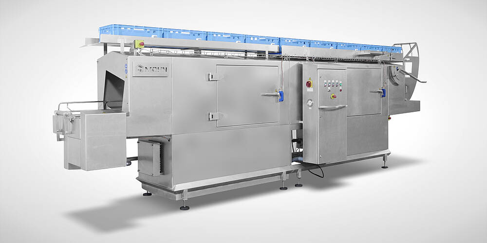 Behälterwaschanlage Typ DLWA 200 Highline mit optionalem Kistenwender + Geblaese, Art.-Nr. 11.10.01.20 + 11.10.00.89 + 11.10.00.78, Auslaufseite 