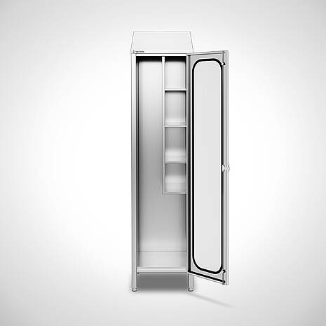 Ablageschrank aus Edelstahl mit 3 seitlichen höhenverstellbaren Ablageböden und verkürzter Trennwand Typ AS-TV HIGHLINE-50-50 | Mohn GmbH