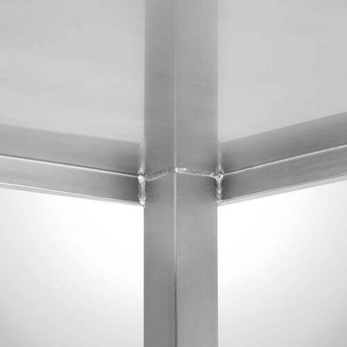 Highline Arbeitstisch Typ AT-H 120-60, Detail: Edelstahlblech unterhalb Tischplatte umlaufend dichtgeschweißt für maximale Hygiene