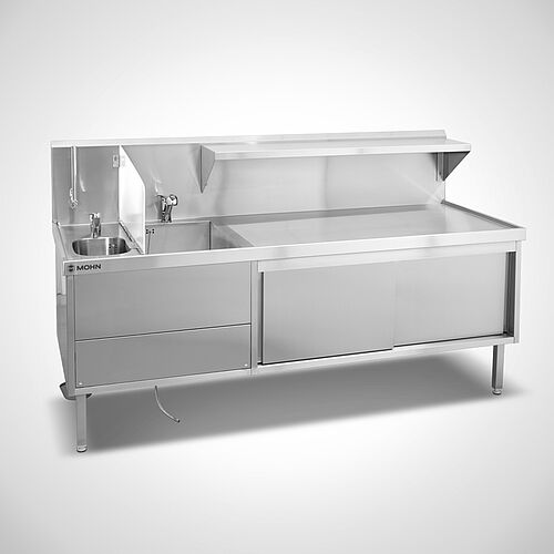 Stainless steel sink unit combination with 2 sinks and splashback & sensor tap and single-lever mixer tap with shower, ID no. 23-63360 