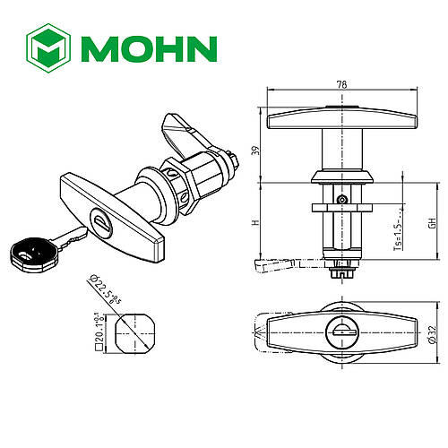 Drawing T-handle with profile cylinder lock made of stainless steel TG-S VA 