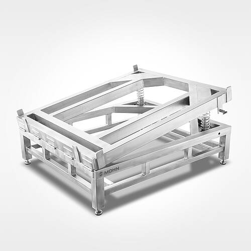 Stainless steel frame for IBC containers with reduced height, Type G-IBC SON, with optional spring mechanism for nearly complete emptying, Part No. 40.00.01.81 