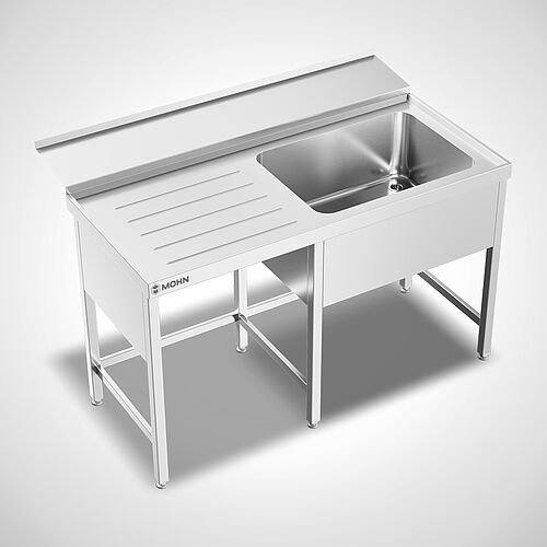 Sink unit type SPT-1B/MA with drain board and shelf on wall side, substructure with strut, ID 24-61057-3 