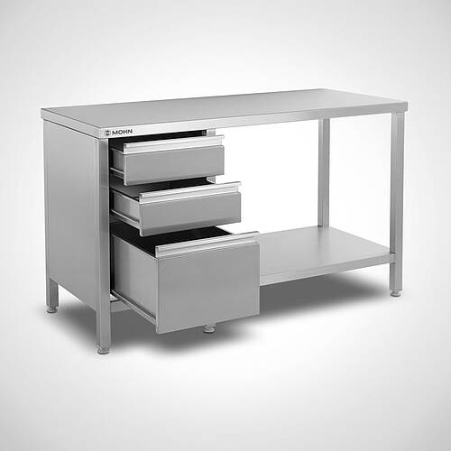 Stainless steel work table type AT-B-SL 140/60 with intermediate shelf & without rear upstand, item no. 20.00.08.50 