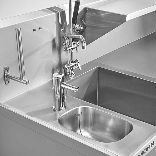 Stainless steel sink unit combination with 2 basins and splashback & sensor tap and dishwashing spray, ID no. 23-63360 