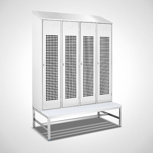 Locker made of stainless steel with bench Type GS1-SB-VA-EU 4/4 (4 compartments - 400 mm compartment width), art. no. 45.10.00.17 