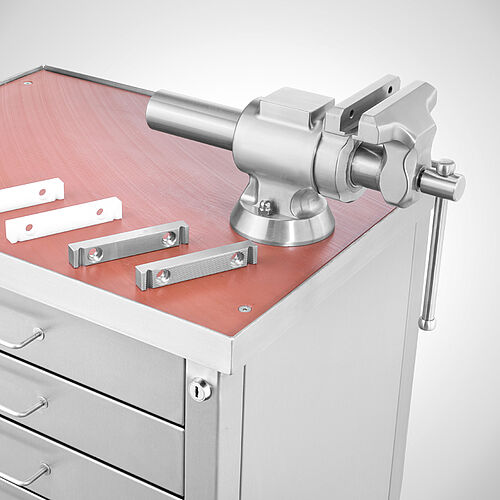 Stainless steel vice type SCST-OD 90, art. no. with 60.03.01.10 with interchangeable jaw set, art. no. 60.01.11.10