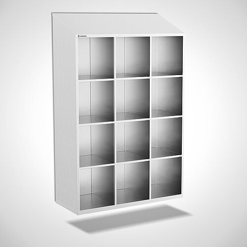 Open compartment locker made of stainless steel type FS4-WH-VA-EU-O-3-4 with 3 compartments in 400 mm compartment width, art. no. 45.10.06.25 