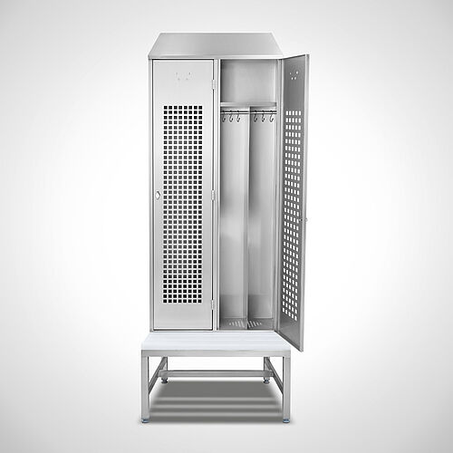Locker made of stainless steel with bench Type GS1-SB-VA-EU 2/4 (2 compartments - 400 mm compartment width), art. no. 45.10.00.13 