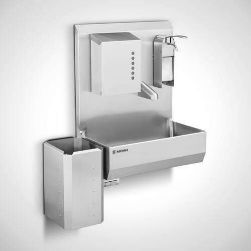 Handwaschbecken mit Sensor-Auslaufhahn + Legionellenspülfunktion in Waschplatzbreite 700 mm mit optionalen Seifenspender, Handtuchspender und Abfallkorb Typ HWB-HL-1-70, ID 23-62360 