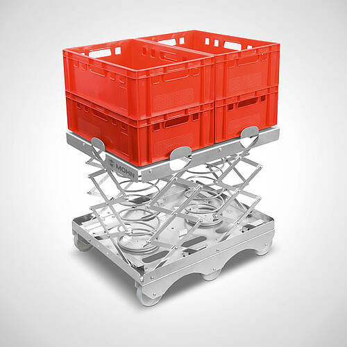 Double stainless steel spring platform trolley, type FPF-DR, designed for 2 Euronorm container stacks side by side, Art. No. 40.00.00.93 