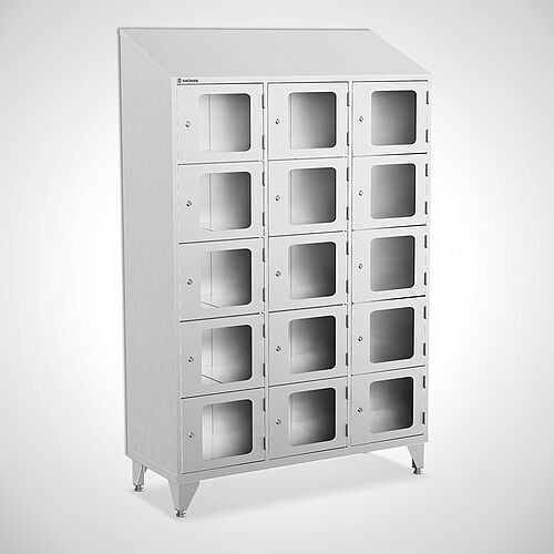 Stainless steel compartment locker with acrylic glass doors, type FSA5-AF-VA-EU, 3 compartments with 400 mm compartment width, item no. 46.10.05.55 