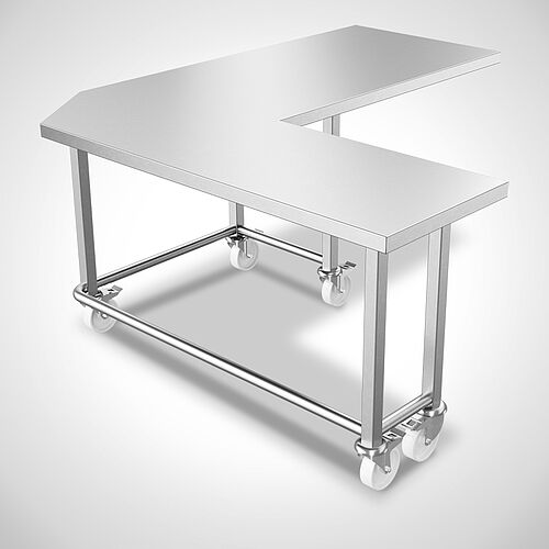Fahrbarer Eckarbeitstisch aus Edelstahl Typ ATFI-U-F 170/150-70 SON, Id-Nr. 24-60324