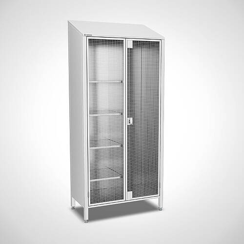 Gittertürenschrank mit Mitteltrennwand Typ ASDT-GT/S 95-50, Art.-Nr. 44.30.00.60, linksseitg mit 4 höhenverstellbaren Ablägeböden 