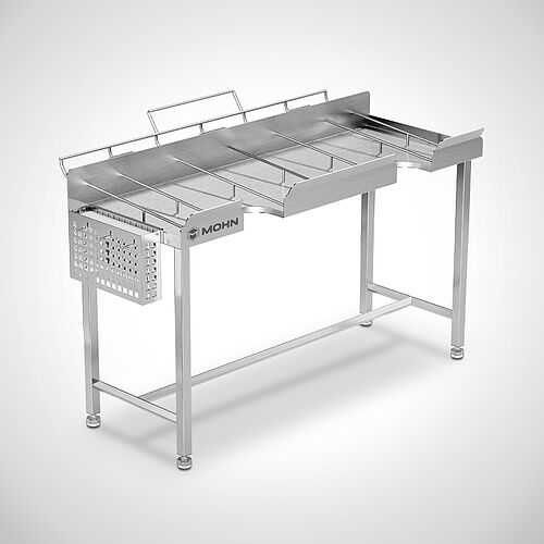 Peelertisch aus Edelstahl Typ PT-H 160-61, ID-Nr. 24-60349, Entnahmeöffnungen Wurstpuffer, Peelerschale ausgeklappt 