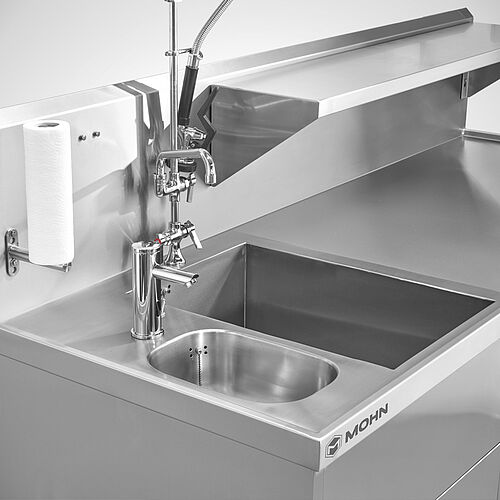 Stainless steel sink unit combination with 2 basins and splashback & sensor tap and dishwashing spray, ID no. 23-63360 