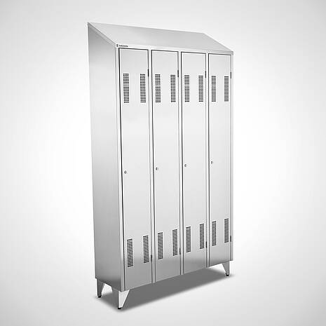 Garderobenschrank/ Spind mit 4 Abteilen und glatten Türen mit Belüftungsöffnungen - Aus rostfreiem Edelstahl 1.4301 | Mohn GmbH