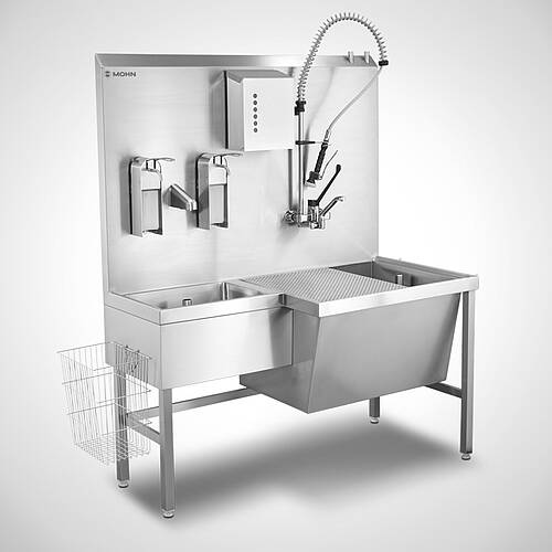 Teilewaschplatz Typ TW-G/S HWB-L 150-70 mit Sensor-Handwaschbecken linksseitig sowie optionalen Armaturen und Spendern, Art-Nr. 12.00.00.66 