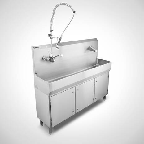 Handwaschrinne mit Unterschrank, Sensorauslaufhahn und Geschirrwaschbrause | Mohn GmbH