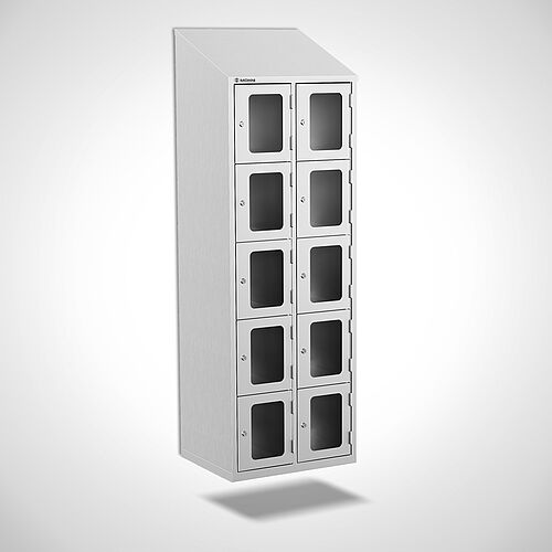 Wall-mounted stainless steel compartment locker with acrylic glass doors, type FSA5-WH-VA-EU, 2 compartments with 300 mm compartment width, item no. 46.10.05.42 
