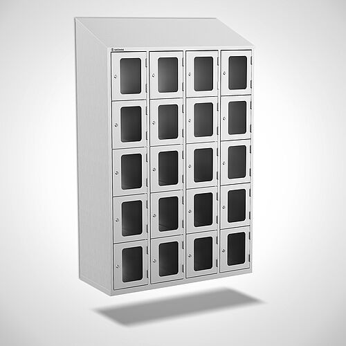 Wall-mounted stainless steel compartment locker with acrylic glass doors, type FSA5-WH-VA-EU, 4 compartments with 300 mm compartment width, item no. 46.10.05.46 