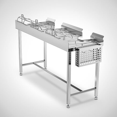 Peelertisch aus Edelstahl Typ PT-H 160-61, ID-Nr. 24-60349, Peelerschale umgeklappt 