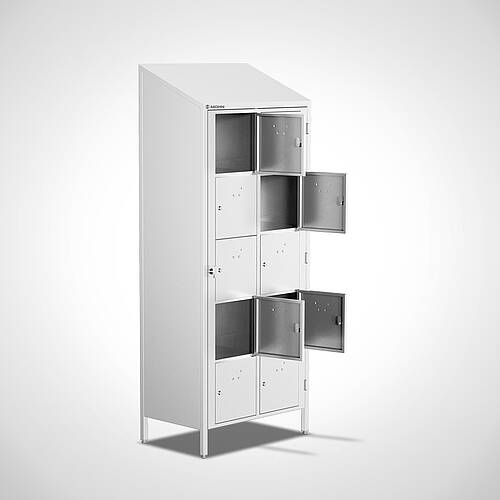 Abschließbarer Brotzeitschrank (Vesperschrank) aus Edelstahl Typ BZS 2/5 (2 Abteile mit 10 Fächern), Art.-Nr. 29.00.00.93 